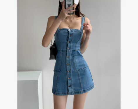 张小南欧美风ins复古牛仔连衣裙女夏显瘦背...