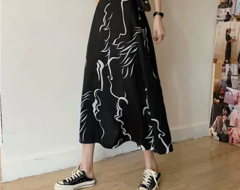 大码半身裙女胖mm夏新款高腰显瘦长裙印花雪...