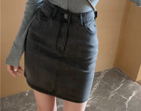 设计感一步裙短款包臀性感烟灰色牛仔半身裙子...