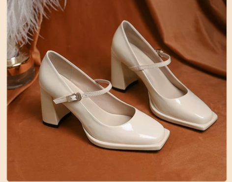 杏色玛丽珍鞋女真皮粗跟高跟鞋方头漆皮一字扣...