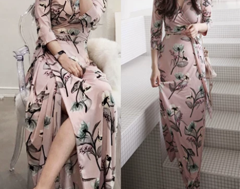 2017夏季连衣裙女夏碎花裹身裙V领性感修...