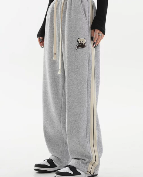 cuwu美式重磅灰色休闲运动阔腿裤女202...