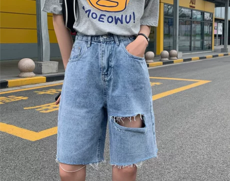 大码破洞牛仔短裤女夏季薄款 胖妹妹宽松直筒...