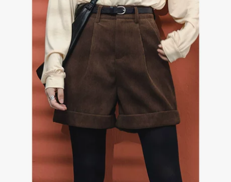 高腰灯芯绒短裤女秋冬加厚条绒复古卷边休闲外...