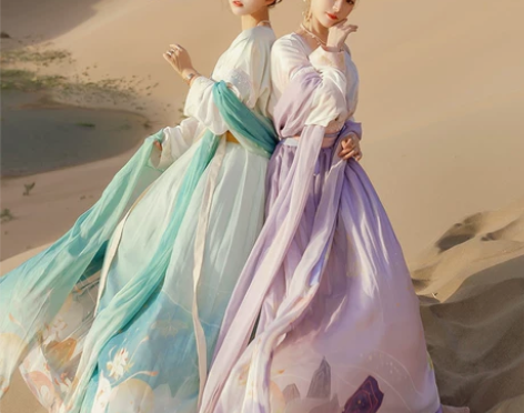 七月夕 鹿饮溪 唐制坦领汉服半臂双色姐妹c...