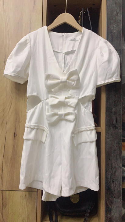 蝴蝶结白色纯棉连体裤短裤