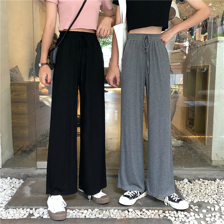 2021春秋新款韩版宽松针织长裤垂坠感阔腿...