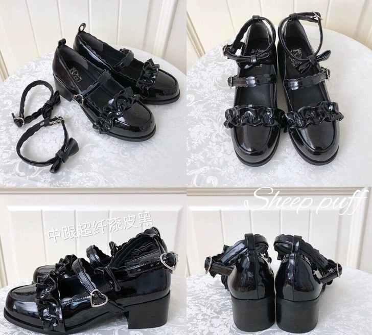 绵羊泡芙lolita漆皮黑色38码中跟制服...