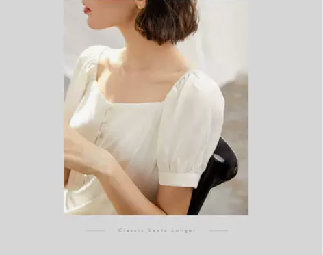 初恋系~复古方领法式泡泡袖连衣裙收腰显瘦白...