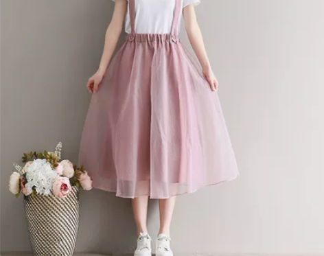 ?妞语森女文艺小清新网纱背带半身裙女夏 背...
