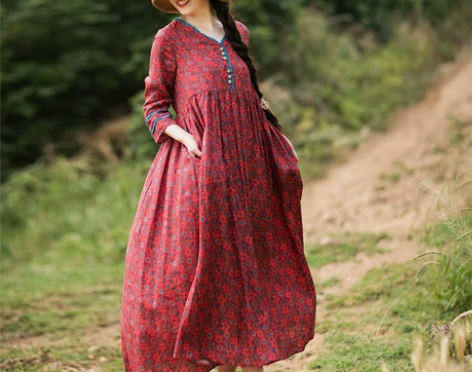 忆旧2019夏装新款复古文艺苎麻印花长裙宽...