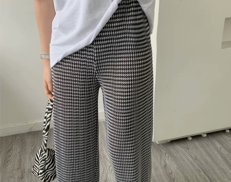 雪纺阔腿裤薄款女高腰垂感网红黑白千鸟格直筒...