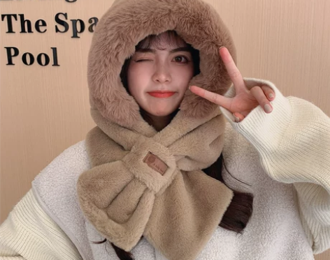 毛绒帽子女围脖一体秋冬季加厚保暖韩版百搭潮...