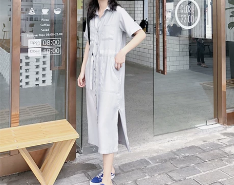 izs 烟灰色衬衫连衣裙女夏中长款宽松短袖...