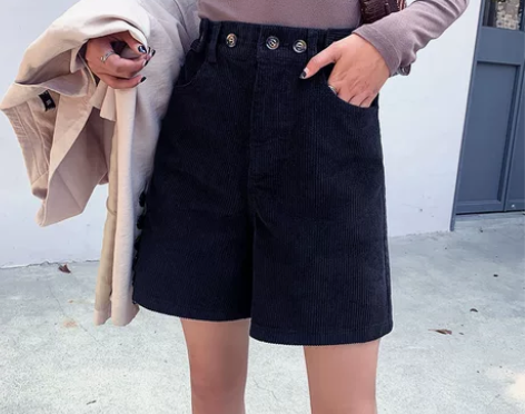 灯芯绒裤子女秋冬大码五分阔腿短裤加厚宽松显...