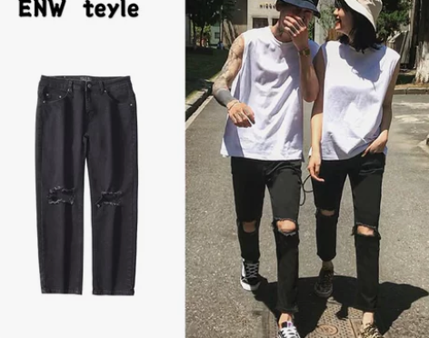 破洞黑色牛仔裤男潮牌ins潮流修身小脚九分...