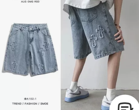 十字架水洗牛仔短裤男夏季薄款美式潮牌街头宽...