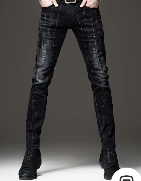 牛仔裤男 牛仔裤子轻奢竖条纹印花男秋季黑色...