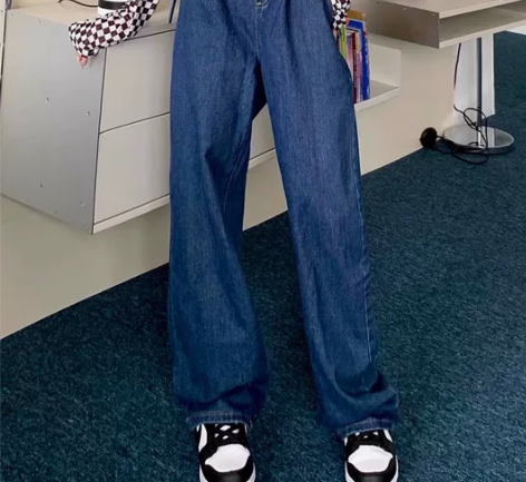 复古深蓝色可调节绑带阔腿牛仔裤女新款百搭直...