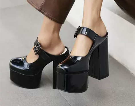 超高跟粗跟方头防水台玛丽珍鞋女漆皮浅口高跟...