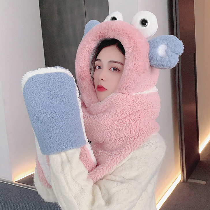毛绒帽子女士秋冬季甜美可爱螃蟹搞怪围巾手套...