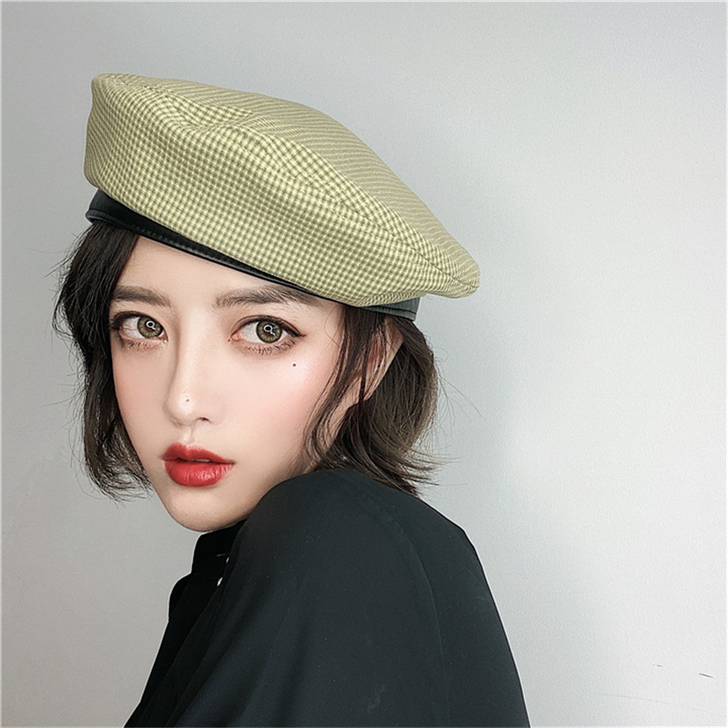 四季都可戴的日系洋气格子贝雷帽子春夏薄款透...