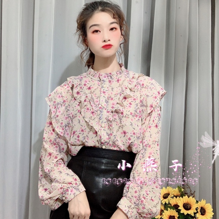 春秋新款韩版半高领荷叶边碎花雪纺衫女宽松甜...