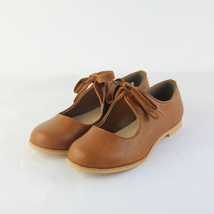 出口日本日系森女复古文艺娃娃鞋圆头浅口系带...