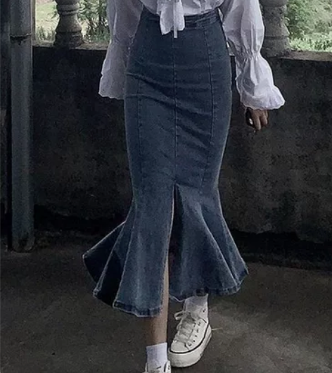 开叉半身裙女2021新款荷叶边高腰鱼尾裙中...