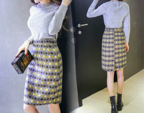 天天特价秋冬女百搭高腰格子直筒毛呢中长裙半...