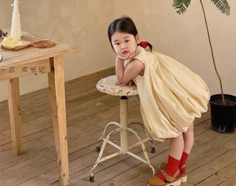 女童韩国花苞裙2022女宝韩系夏装棉布蓬蓬...