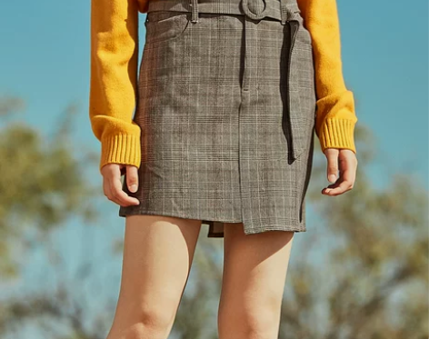 A21秋季女装 格子高腰百搭半身裙不规则裙摆A字淑女短裙 感...