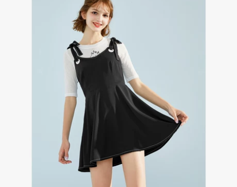 乐町2018夏装新款女撞色绑带连衣裙黑色雪...