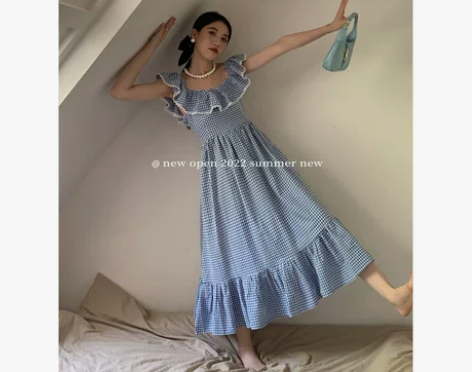 法式高级感温柔风荷叶边蓝色格子甜美棉麻一字...