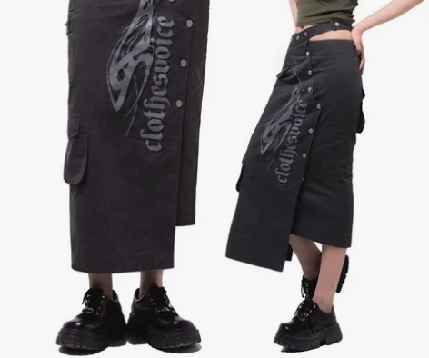 工装风印花高腰修身口袋金属扣半身裙长裙女春...