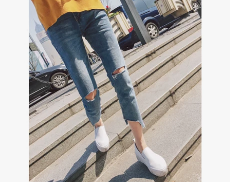 韩国高腰显瘦膝盖破洞九分牛仔裤女裤脚不规则...