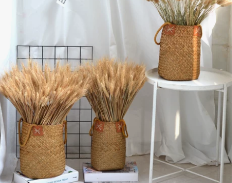 海草编织草编提手花篮花器插花花瓶含麦穗兔尾...
