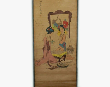 复古字画中堂国画山水人物老画唐两女棋图挂画...