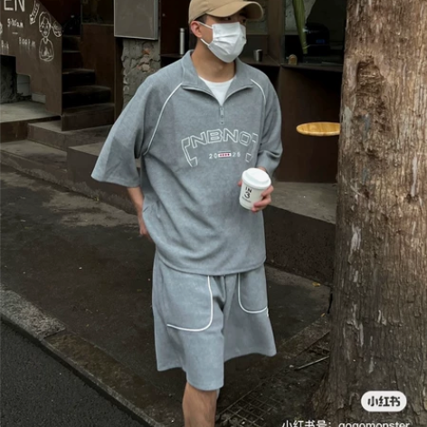 全新 NBNO华夫格半拉链短袖运动套装 感...