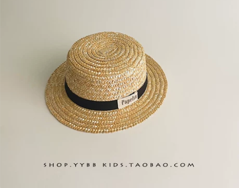 儿童帽子夏天手工编织宽檐礼帽男女宝宝遮阳防...