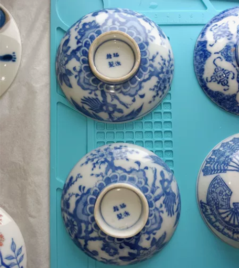 日本老青花盖碗盖子 扇子图案两个，松竹梅凤...