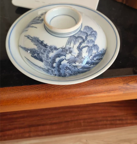 大尺寸手绘老茶碗，山水图案画工漂亮，个人收...