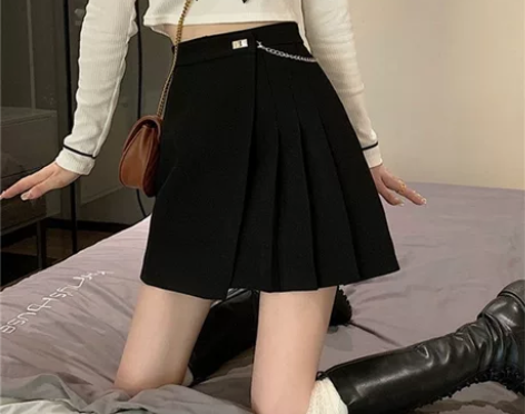 甜辣妹高腰A字裙黑色百褶裙半身裙 仅试穿,...
