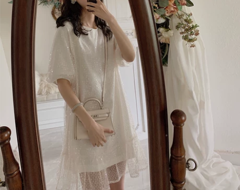 自制2020夏季白色蕾丝亮片宽松网纱仙女荷...