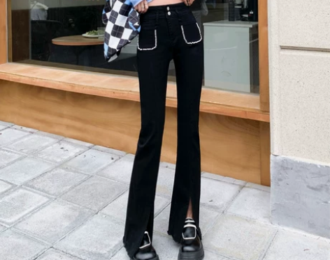 【礼遇价】黑色微喇牛仔裤女春装2022年新...