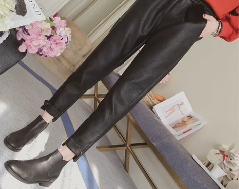 冬季黑色高腰显瘦pu皮休闲裤纽扣翻边长裤子...