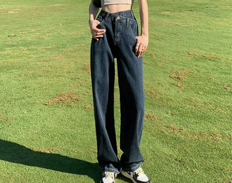 ?蓝灰色宽松阔腿牛仔裤女2022年夏季新款...