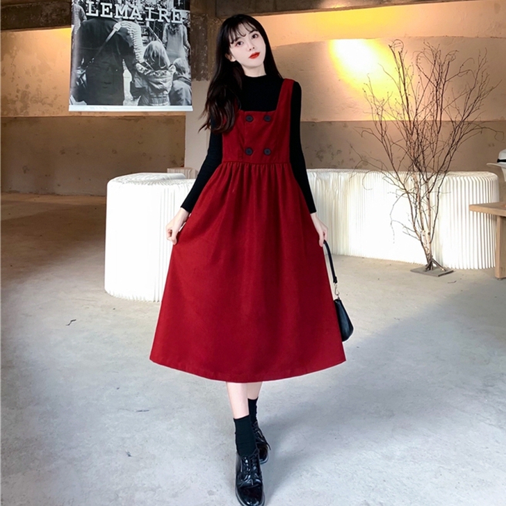 法式复古红色灯芯绒背带裙，全新