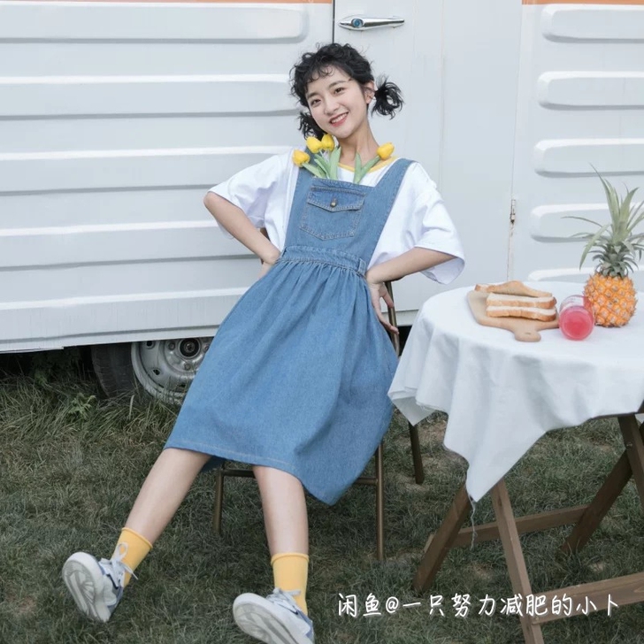 安可工作室原创牛仔背带裙，牛仔秋款连衣裙
