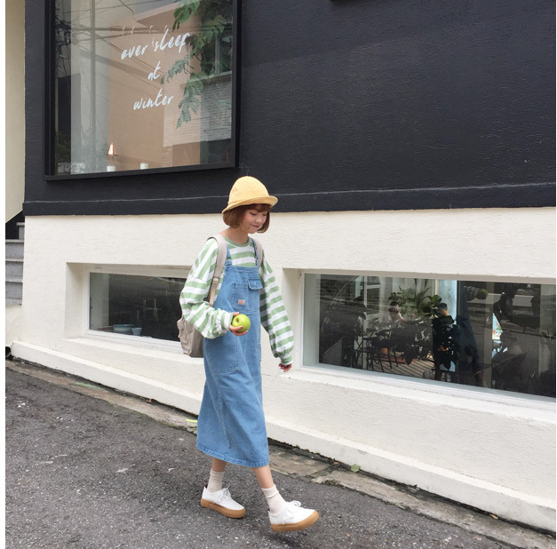 陆小团团 韩国减龄学院风牛仔背带裙可调节#...